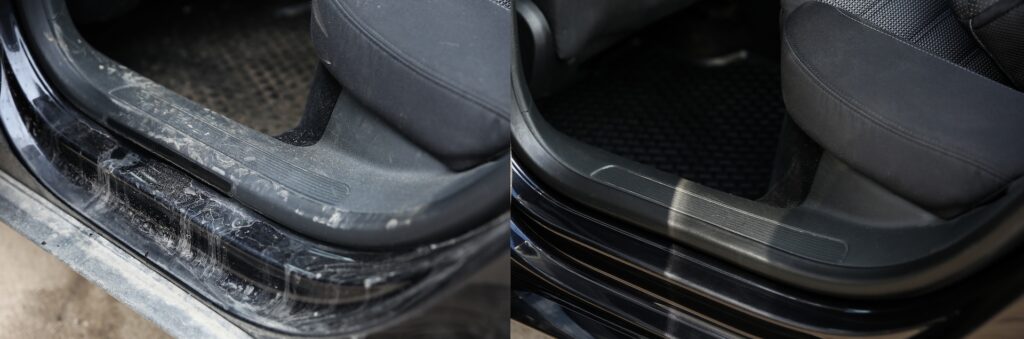 QC Elite Detailing before and after image of a car stepping area